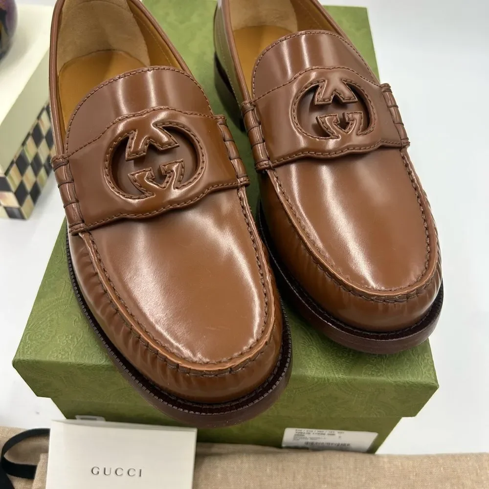 Men's Gucci interlocking G leather loafers size 7 fits eight US made in Italy